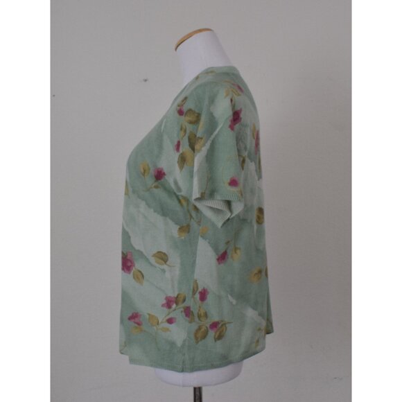Vintage 90s ramie/acrylic Green Floral Knit‎ Top size M - Picture 2 of 10